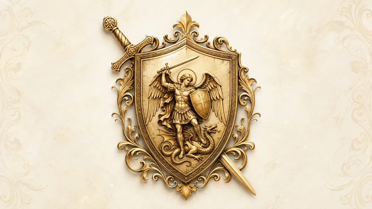Brasão dourado de São Miguel Arcanjo com espada e escudo