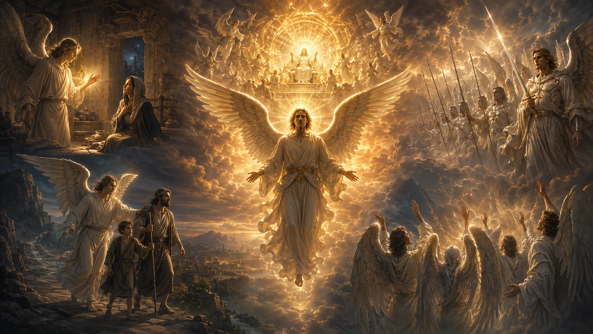 Representação artística das missões angélicas de anunciar, guardar, acompanhar, servir e adorar a Deus.
