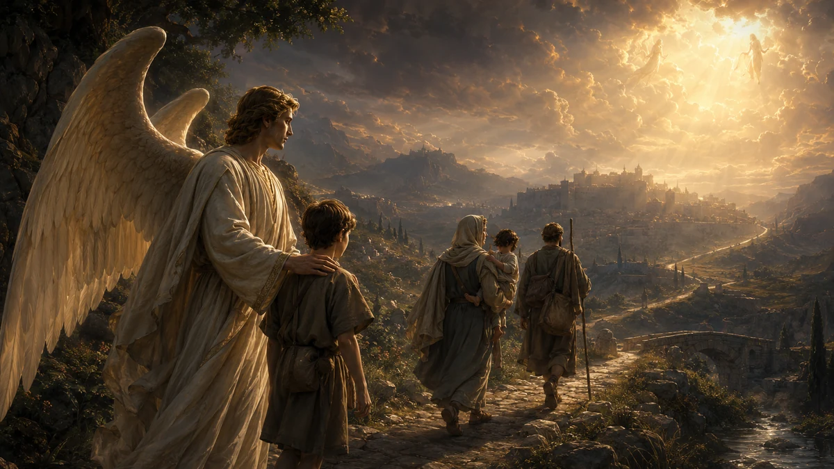 Representação artística do cuidado providencial de Deus por meio do anjo da guarda ao longo do caminho humano.