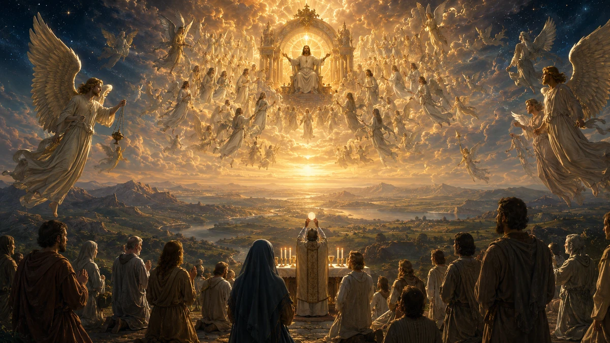 Representação artística da Igreja em oração unida à liturgia celeste e às criaturas espirituais invisíveis.