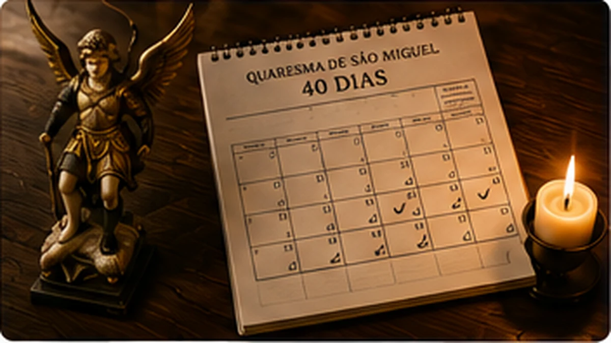 Calendário de quarenta dias, vela e imagem de São Miguel em composição devocional.