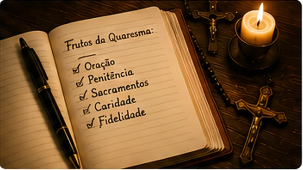 Caderno aberto com anotações sobre os frutos da Quaresma, crucifixo e vela em ambiente contemplativo.