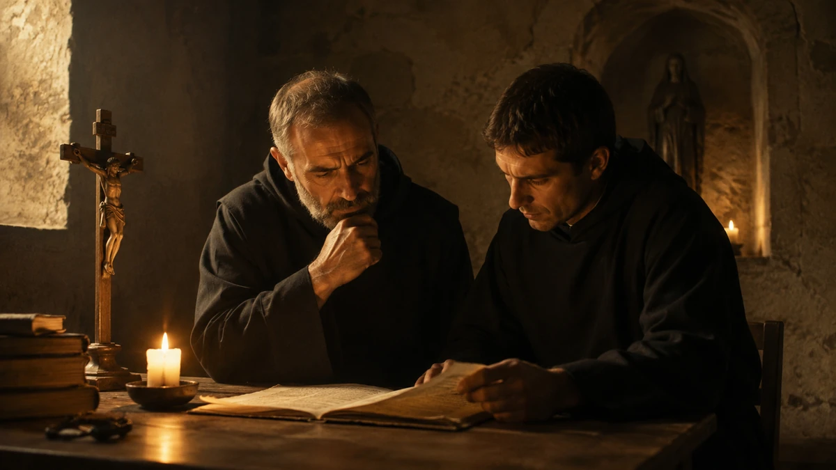 Dois religiosos estudando manuscritos à luz de velas em ambiente monástico sóbrio