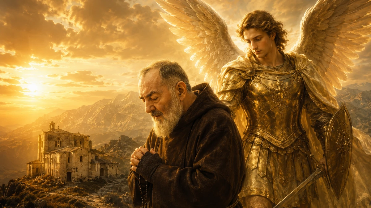 São Padre Pio em oração diante de São Miguel Arcanjo, com o Gargano iluminado pelo pôr do sol