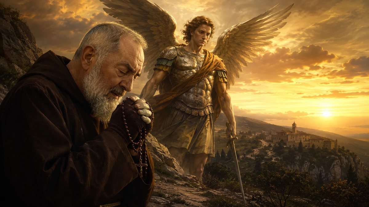 São Padre Pio em oração sob a proteção de São Miguel Arcanjo diante da paisagem do Gargano
