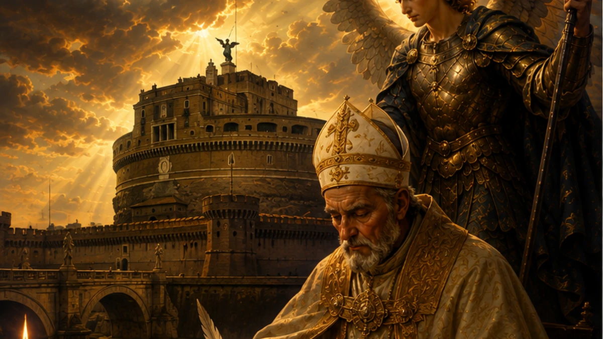 São Gregório Magno diante do Castel Sant’Angelo, sob a presença de São Miguel Arcanjo