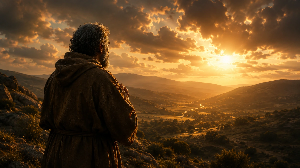 Homem simples em oração diante da luz, imagem da gratuidade com que Deus chama