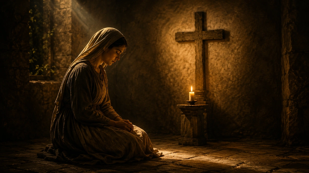 Mulher em oração silenciosa diante de uma cruz e de uma vela, imagem de fidelidade sem consolações sensíveis