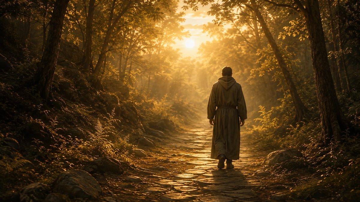 Pessoa caminhando em silêncio por uma estrada iluminada ao entardecer, imagem da perseverança na vida ordinária