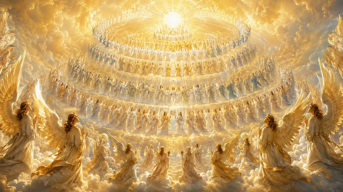 Representação artística da multidão dos anjos em ordem e adoração diante da luz divina
