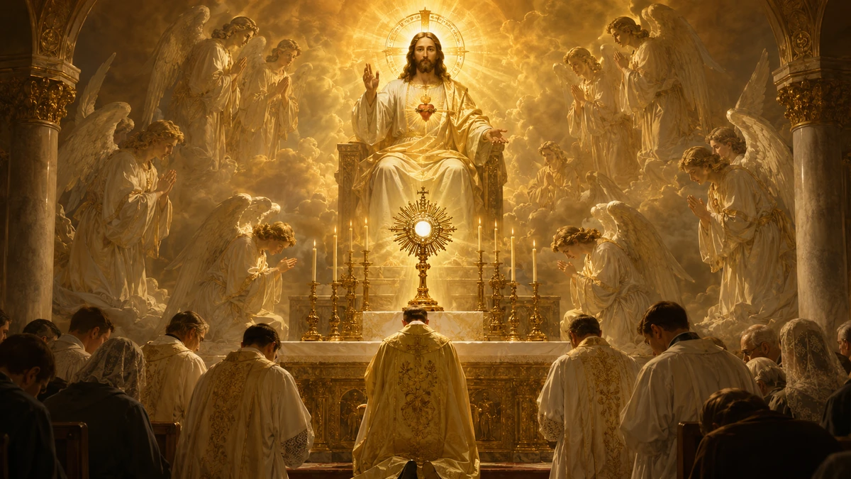 Representação artística de Cristo adorado na liturgia celeste e terrestre, cercado por anjos
