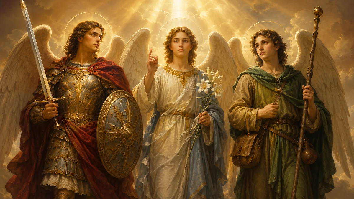 Representação artística de São Miguel, São Gabriel e São Rafael sob a luz celeste