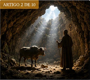 Touro diante da gruta em evocação à primeira narrativa do Gargano
