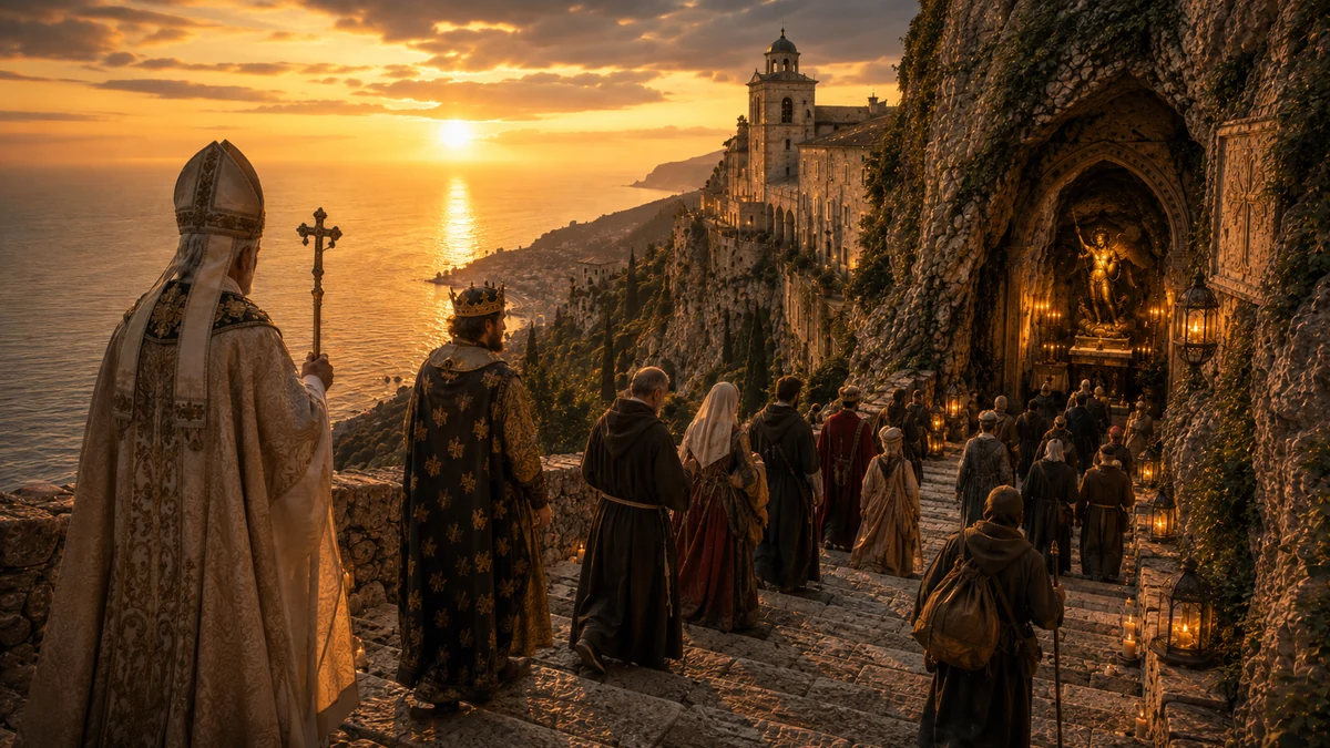 Representação artística de peregrinos, governantes e clérigos descendo em direção à gruta do Gargano