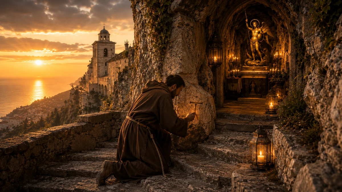 Representação artística de São Francisco de Assis em oração diante da entrada da gruta do Gargano e de um sinal de tau na pedra