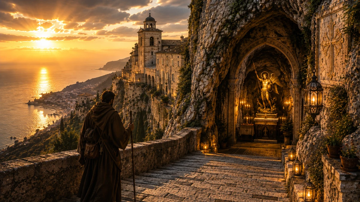 Representação artística da longa descida de um peregrino até a gruta de São Miguel no complexo de Monte Sant'Angelo