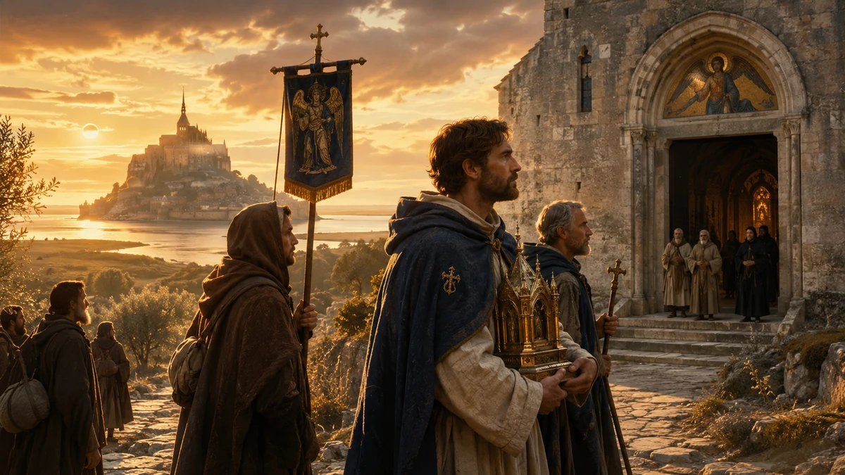 Representação artística de emissários e peregrinos ligados à transmissão da devoção entre Gargano e Mont-Saint-Michel