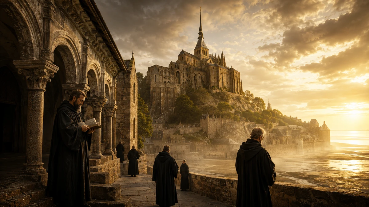Representação artística de monges beneditinos em hábito preto tradicional no Mont-Saint-Michel ao entardecer