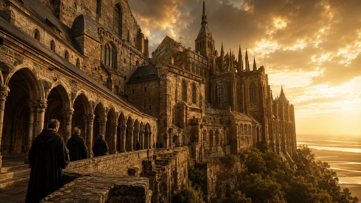 Representação artística da Merveille e da arquitetura gótica do Mont-Saint-Michel com monges em hábito preto tradicional