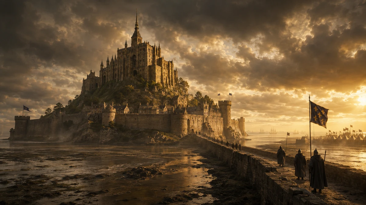 Representação artística do Mont-Saint-Michel fortificado durante a Guerra dos Cem Anos sob céu tempestuoso