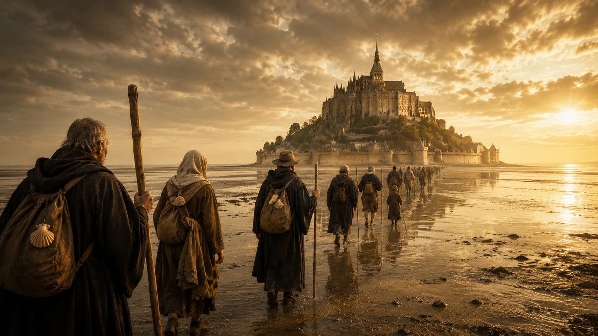 Representação artística de peregrinos atravessando a baía em direção ao Mont-Saint-Michel ao pôr do sol