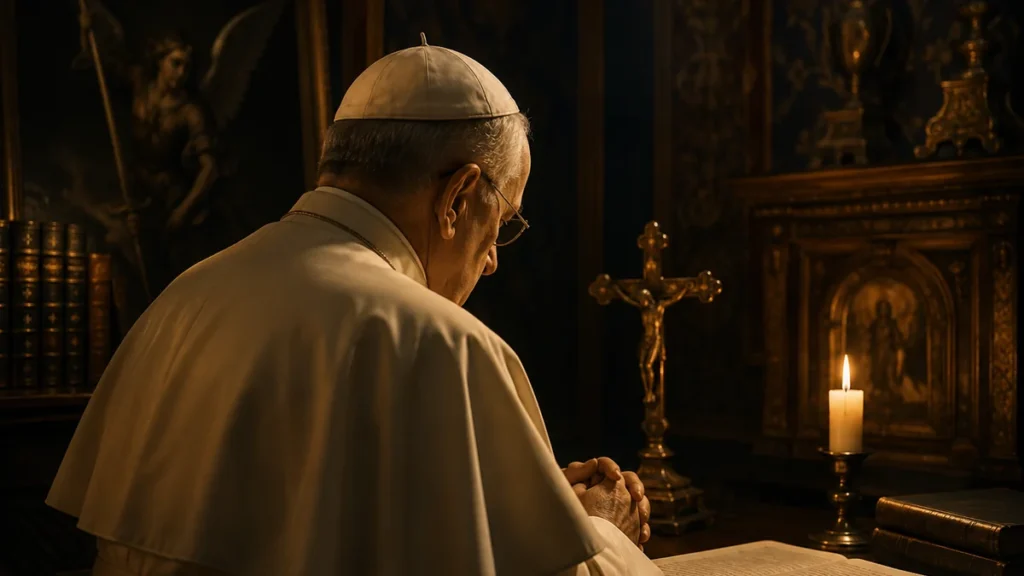 Pontífice em oração diante de crucifixo e vela, em ambiente sóbrio e contemplativo.