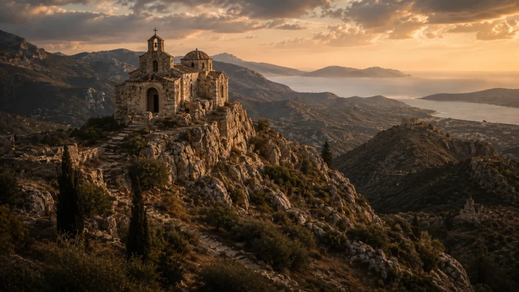 Antiga capela cristã de pedra sobre uma elevação rochosa europeia ao entardecer
