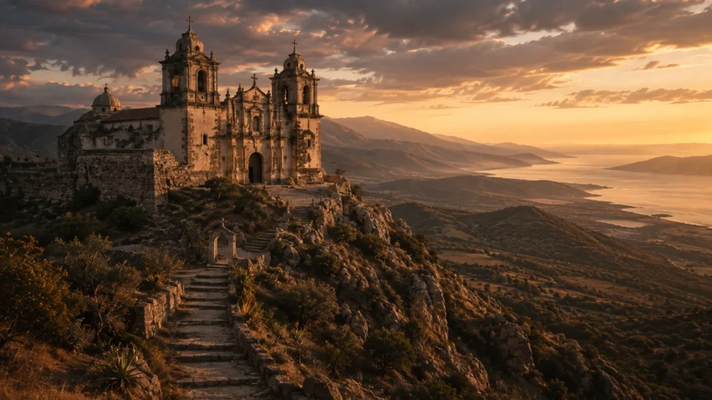 Igreja histórica de tradição ibero-americana sobre uma montanha ao entardecer