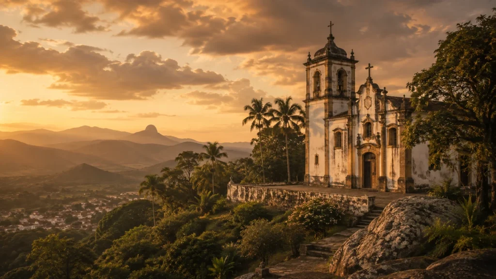 Igreja colonial brasileira entre vegetação tropical e montanhas iluminadas pelo pôr do sol