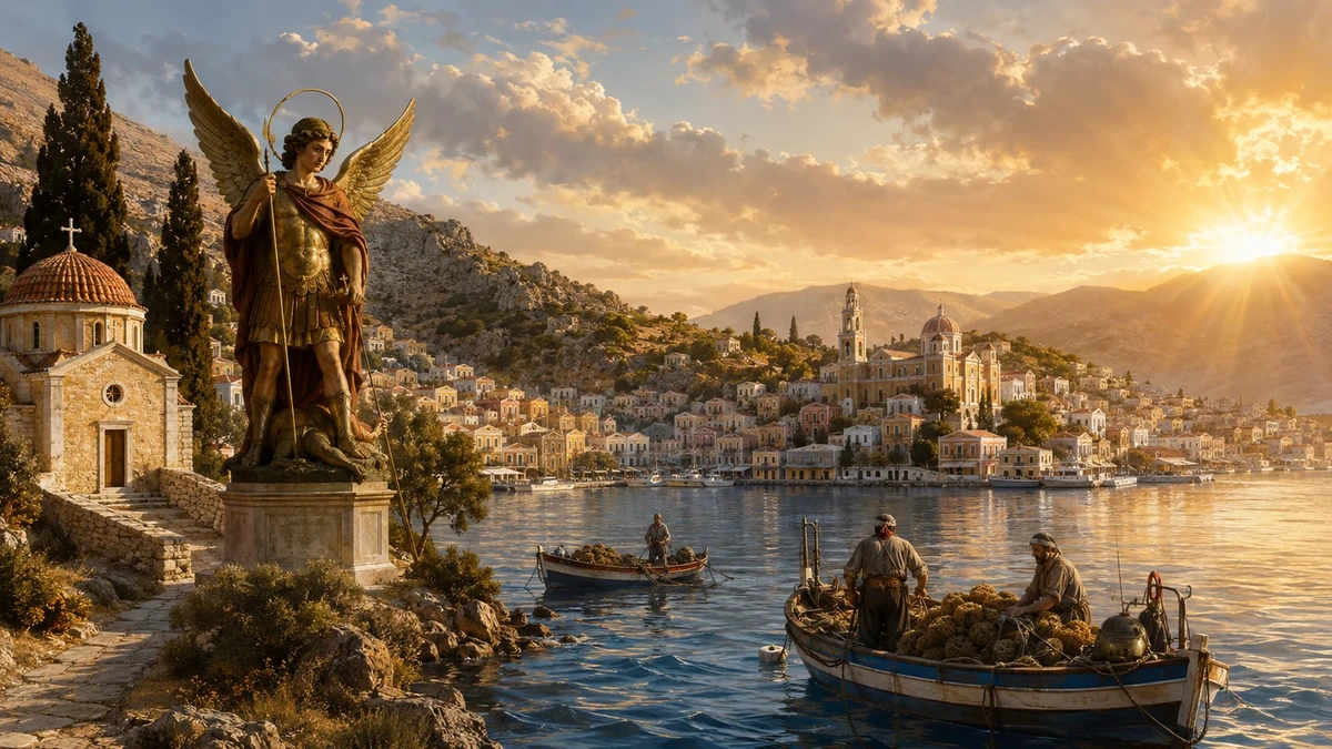 Representação artística devocional de Symi ao entardecer, com São Miguel, mergulhadores de esponja, barcos e igrejas espalhadas pela paisagem insular