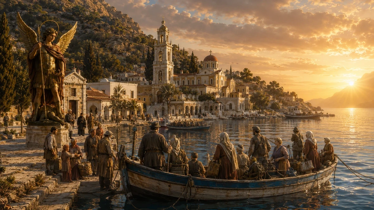 Representação artística de peregrinos chegando de barco a Panormitis ao entardecer, diante do porto e do santuário dedicado a São Miguel