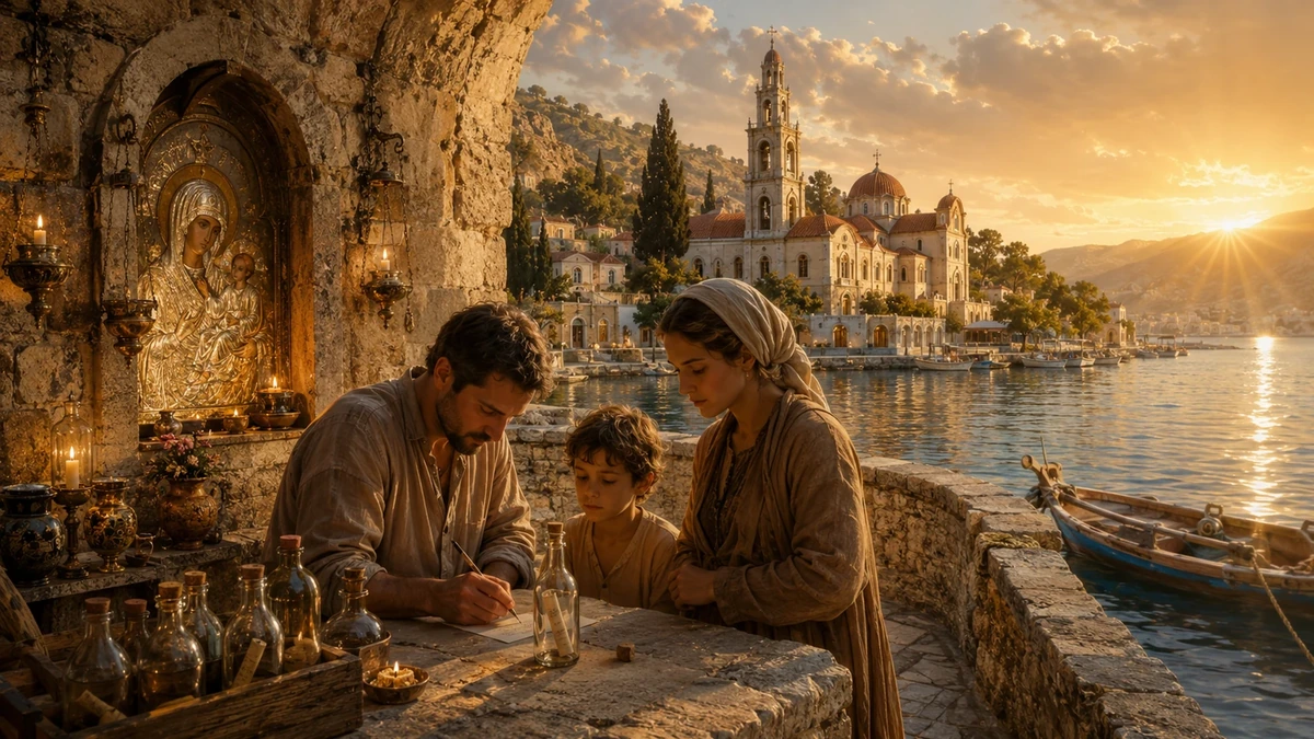 Representação artística do costume devocional das mensagens em garrafas destinadas a Panormitis, com uma família escrevendo uma súplica junto ao mar