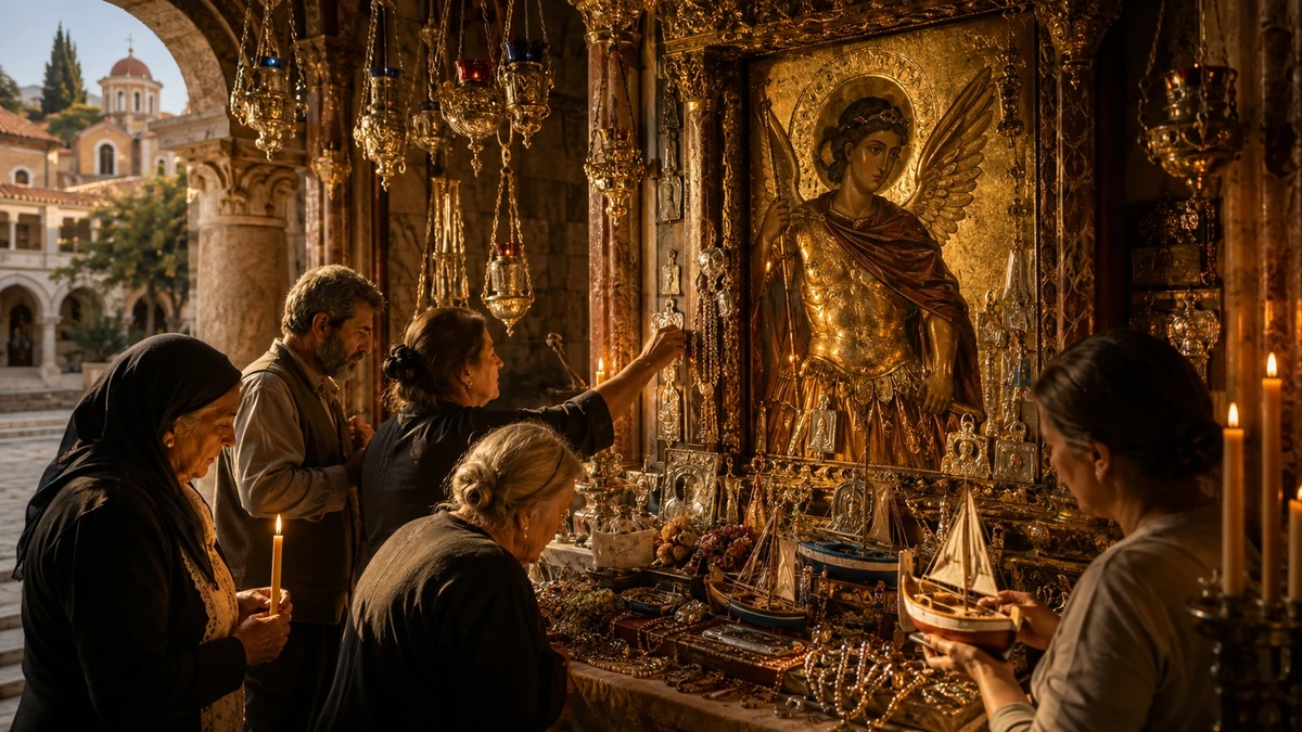 Representação artística da fé popular em Panormitis, com peregrinos diante do ícone de São Miguel e ofertas votivas ligadas à gratidão e às promessas