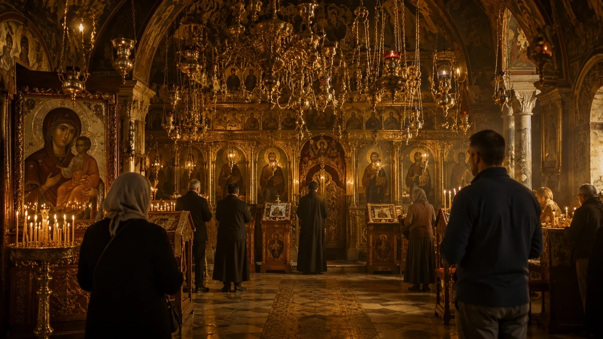 Representação artística de peregrinos e clérigos em um santuário ortodoxo iluminado por velas, evocando oração, ícones e a tradição cristã oriental