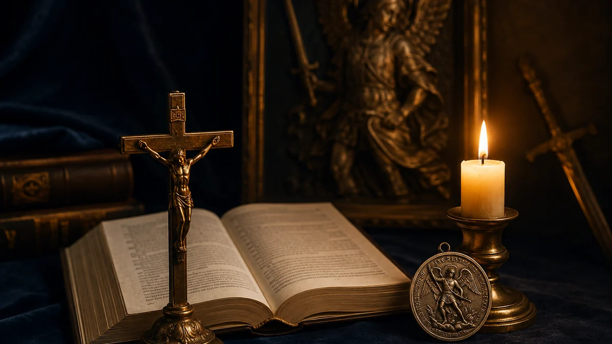 Bíblia aberta, crucifixo e medalha de São Miguel à luz de vela, em composição devocional sóbria.