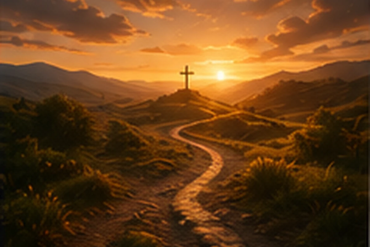 Caminho iluminado pelo amanhecer conduzindo a uma cruz, em imagem contemplativa sobre perseverança espiritual.