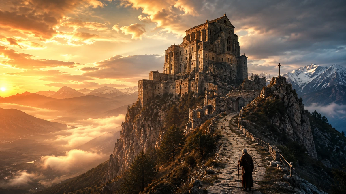 Representação artística da Sacra di San Michele no alto do Pirchiriano, com um peregrino subindo ao entardecer