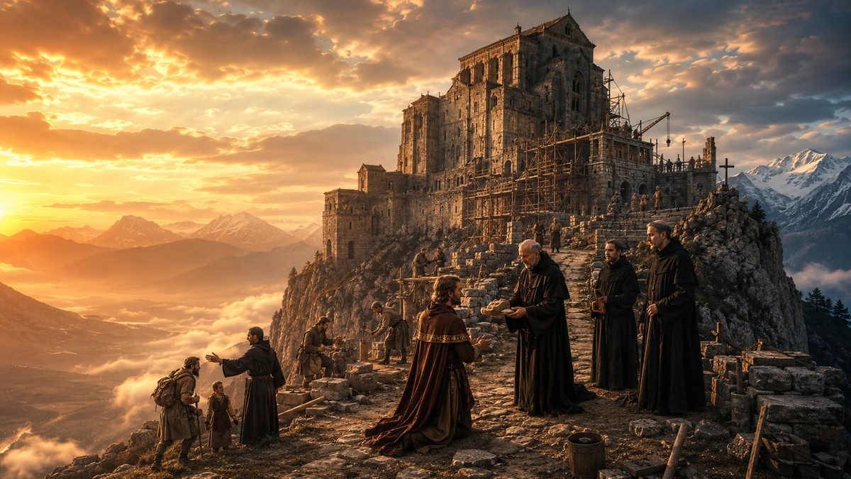 Representação artística de monges e fundadores na Sacra di San Michele, em clima de hospitalidade e construção monástica