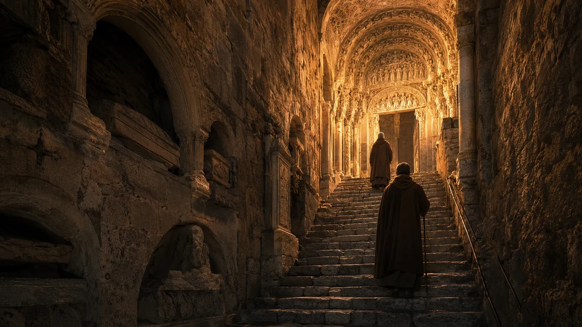 Representação artística da Escadaria dos Mortos e do Portal do Zodíaco na Sacra di San Michele, com peregrinos subindo entre antigas sepulturas e a luz do portal
