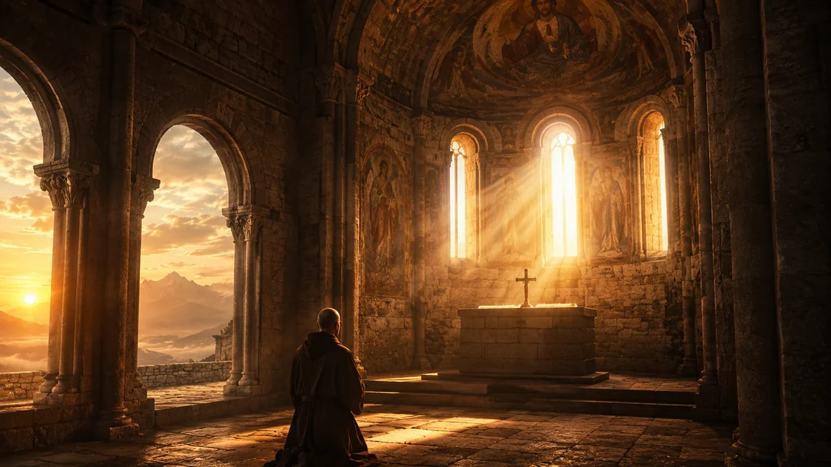 Representação artística do interior da igreja da Sacra di San Michele recebendo a luz do amanhecer junto à abside, com um monge em oração