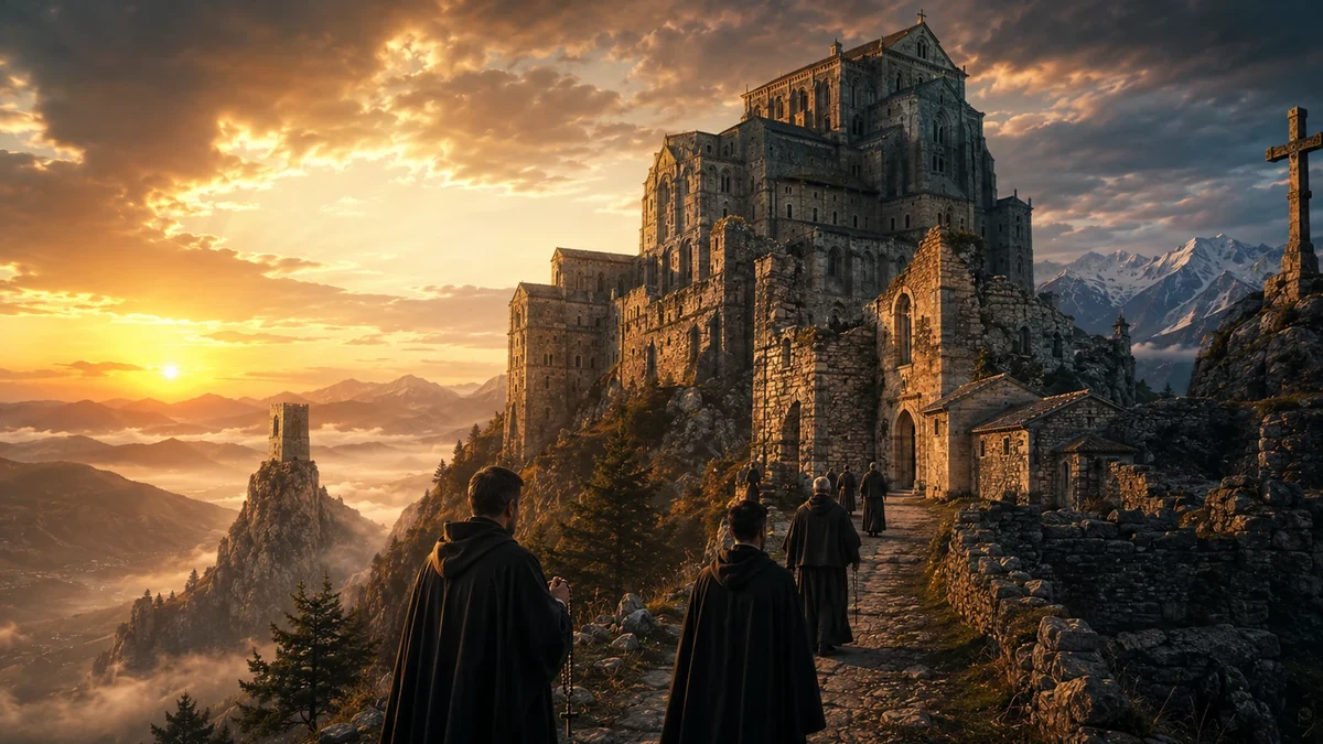Representação artística da Sacra di San Michele entre ruínas monásticas ao entardecer, com religiosos subindo em direção ao santuário