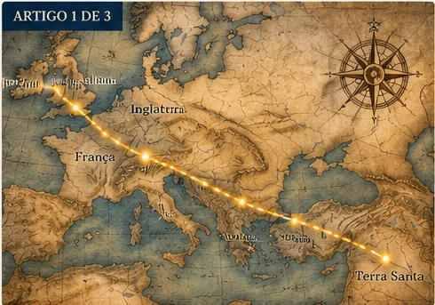 Mapa antigo da Europa evocando os santuários associados à chamada linha de São Miguel