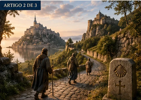 Peregrinos em caminho por uma paisagem de santuários e montanhas