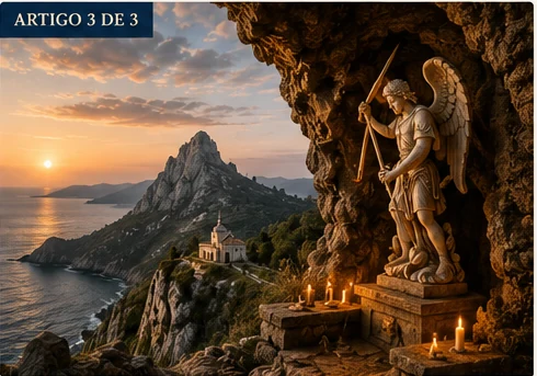 Paisagem de montes, mar e gruta evocando os santuários dedicados a São Miguel
