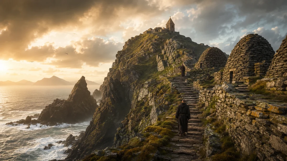 Representação artística de monges em Skellig Michael, entre escadas de pedra, células monásticas e o Atlântico, em cenário de isolamento ascético