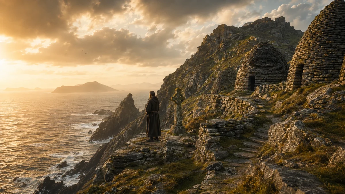 Representação artística de um monge junto às antigas células de pedra de Skellig Michael ao entardecer, evocando a tradição fundacional ligada a São Fionán