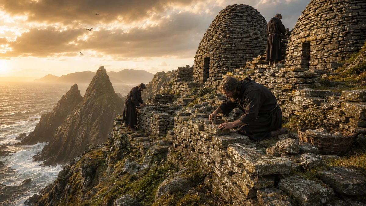 Representação artística de monges construindo e reparando estruturas de pedra seca em Skellig Michael, diante do mar