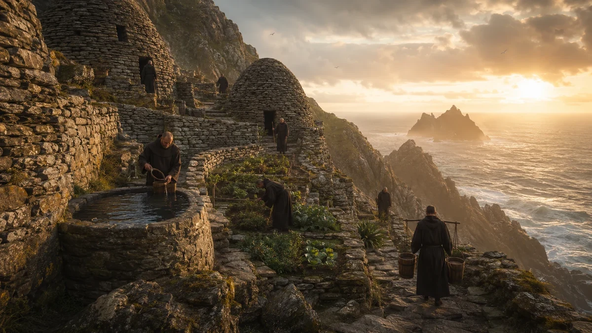 Representação artística da vida cotidiana monástica em Skellig Michael, com cisterna de água de chuva, pequenos jardins em terraço e trabalho comunitário