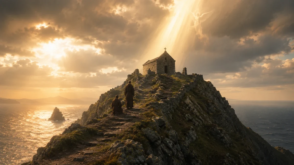 Representação artística simbólica da dedicação de Skellig Michael a São Miguel, com monges diante de uma capela na rocha e uma figura angélica luminosa sem pretensão de reconstituir uma aparição histórica