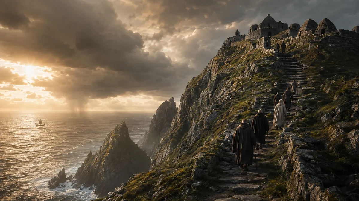 Representação artística de peregrinos subindo entre as ruínas e estruturas monásticas de Skellig Michael, evocando sua permanência como lugar de memória e peregrinação